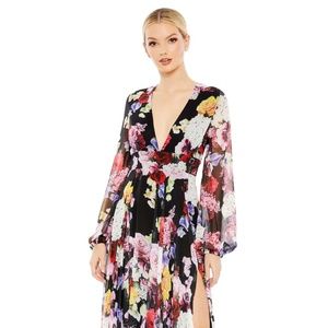 Mac Duggal FLORAL PRINT ILLUSION LONG SLEEVE V NECK GOWN Size 14